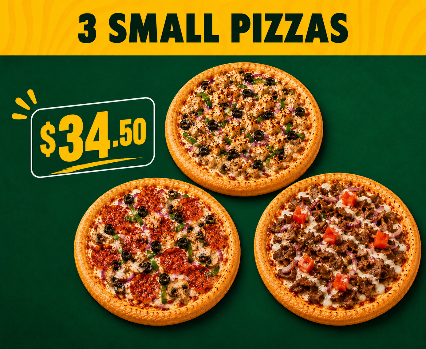 3x Small (10 inch) halal pizza combo deal at Checkers Pizza & Kabab on Whyte Ave, Edmonton