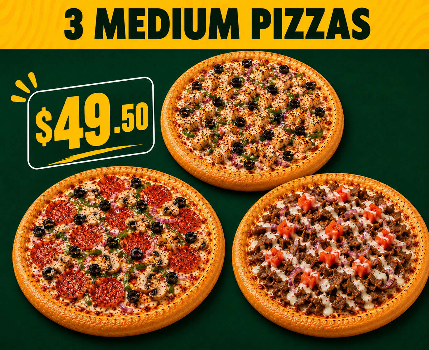 3x Medium (12 inch) halal pizza combo deal at Checkers Pizza & Kabab on Whyte Ave, Edmonton