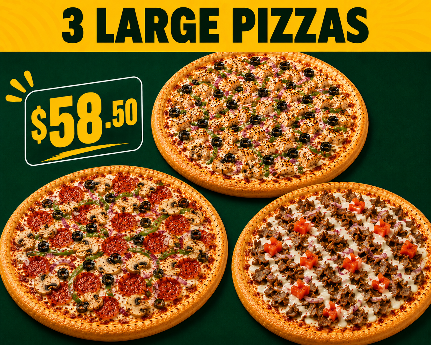 3x Large (14 inch) halal pizza combo deal at Checkers Pizza & Kabab on Whyte Ave, Edmonton